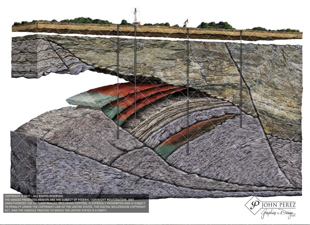 Stacked Pay Zones in Fault Shale Trap, john perez graphics, oil gas schematic, oil gas illustration, drilling illustration, vertical drilling