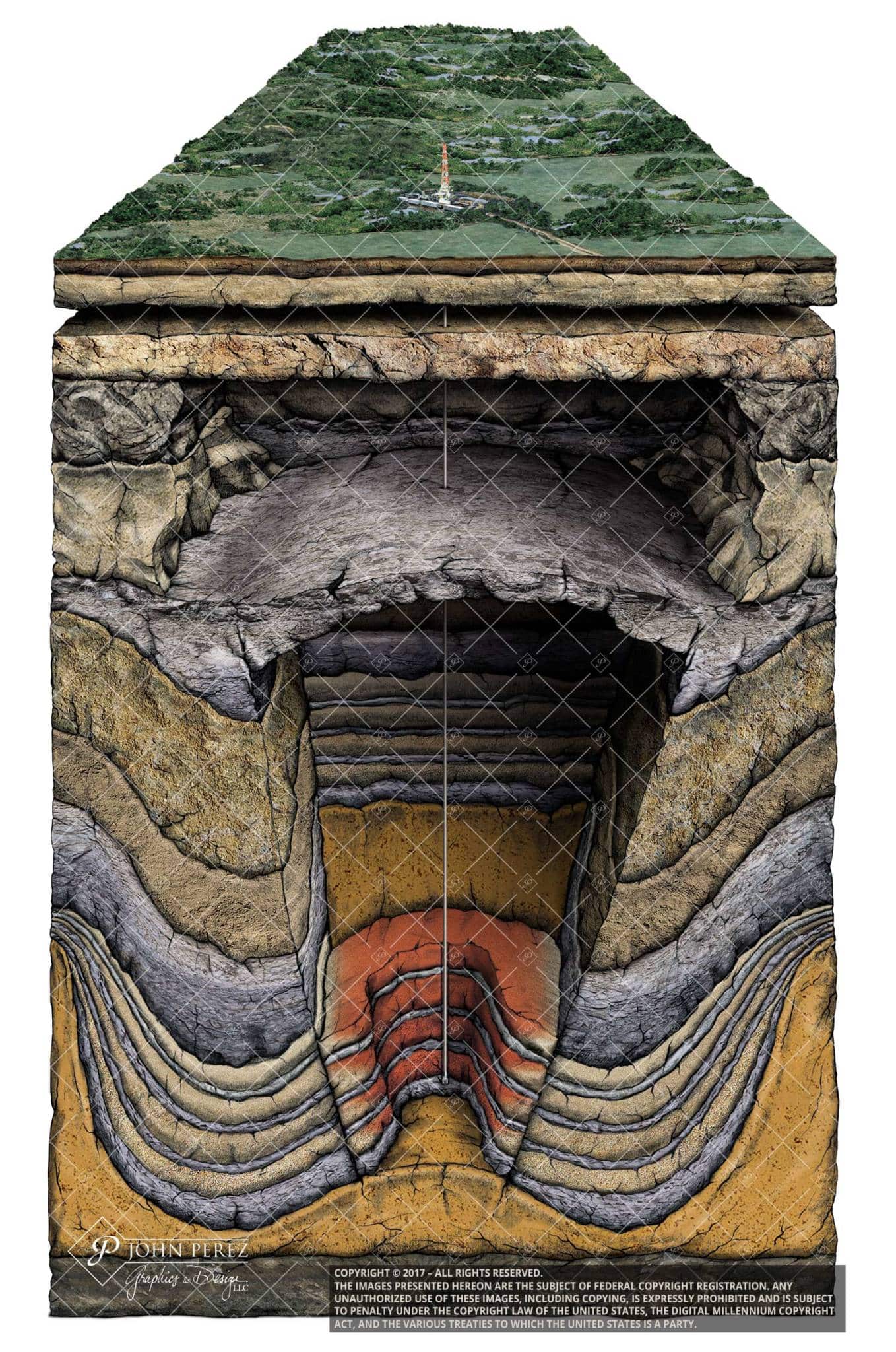 Natural Gas Stacked Pay Salt Ridge Fault Trap Illustration, john perez graphics, oil gas illustration, oil gas schematic