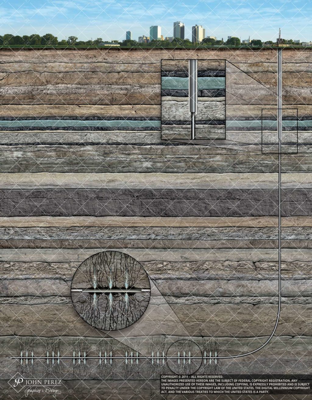 Horizontal Drilling Frac Under City No Blow Up, john perez graphics, oil gas schematic, oil gas illustration, horizontal drilling