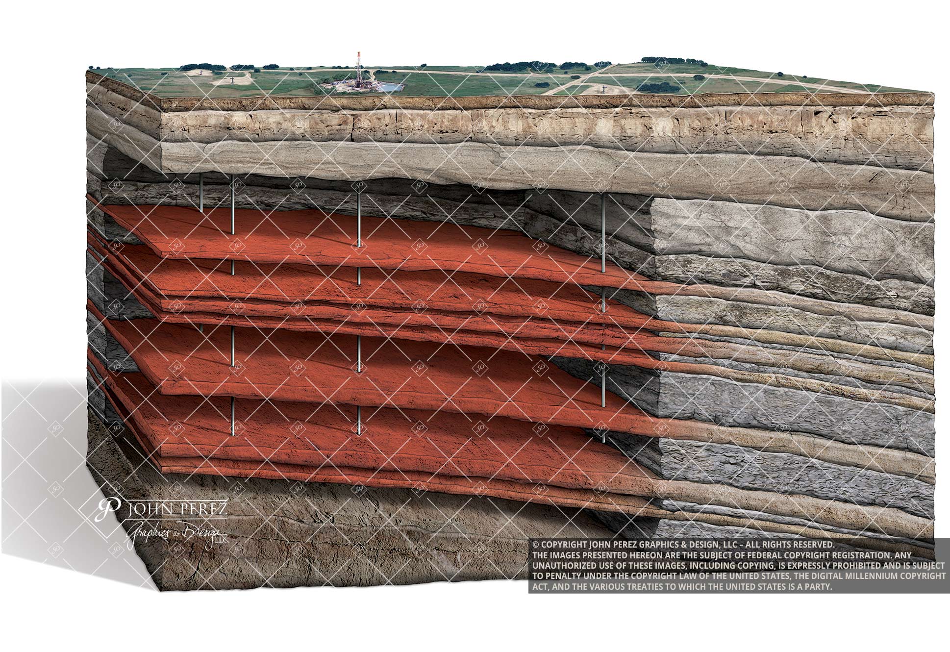 Stacked Sandstone Formation Gas Illustration, oil gas illustration, petroleum art, stacked pay