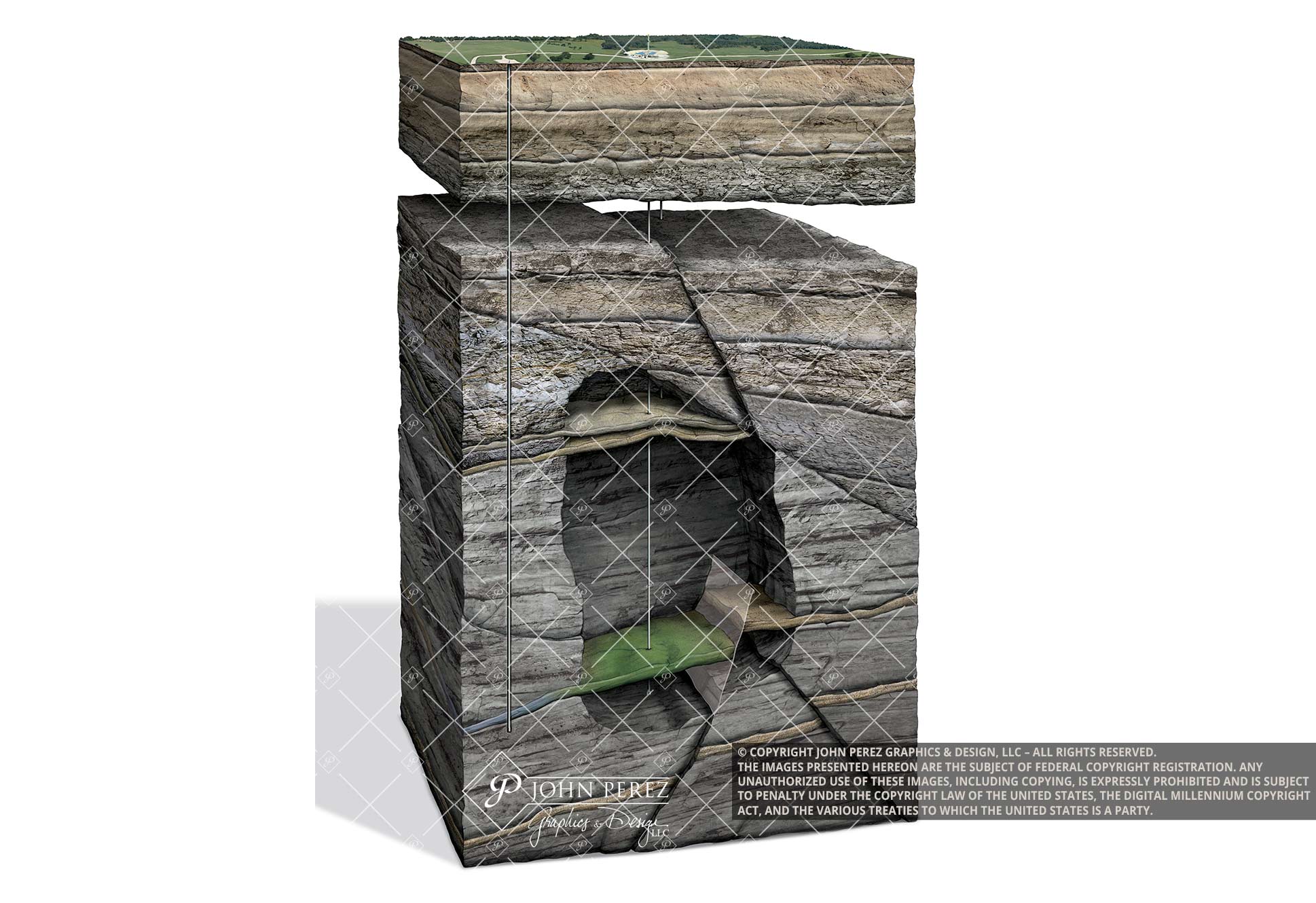 Faulted Sandstone Oil Water Illustration, oil water graphic, petroleum art, fault trap