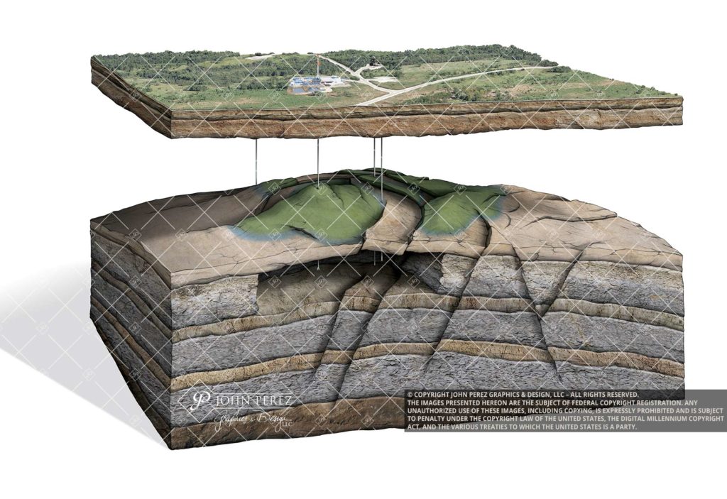 Faulted Anticline Vertical Drilling Oil Illustration, oil gas graphic, anticline, petroleum art