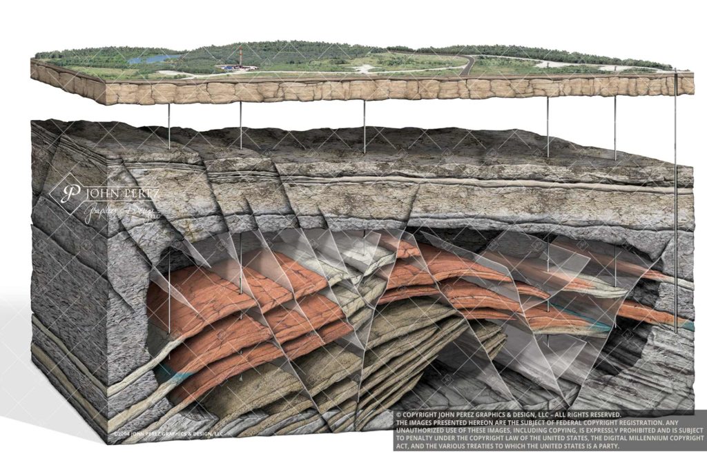 Multiple Fault Vertical Drilling Trapped Gas Illustration, geology art, oil gas art, petroleum art