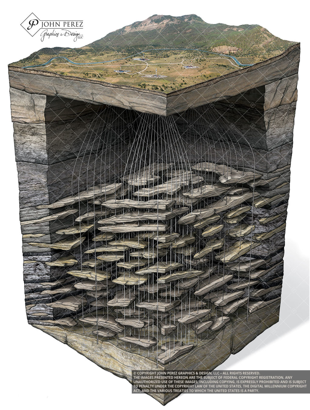 Piceance Basin Oil Gas Schematic Illustration, john perez graphics, geologic art