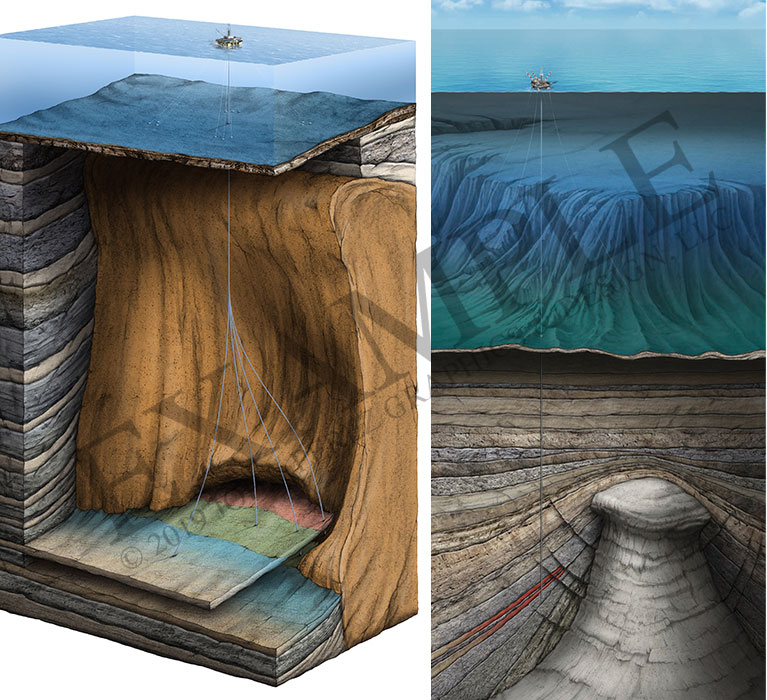 stock graphics, offshore, salt dome, oil rig, geoart, oil graphics, technical graphics, infographics, industrial graphics, john perez graphics, brochure graphics, cutaway diagram, fracking, oil water gas contact